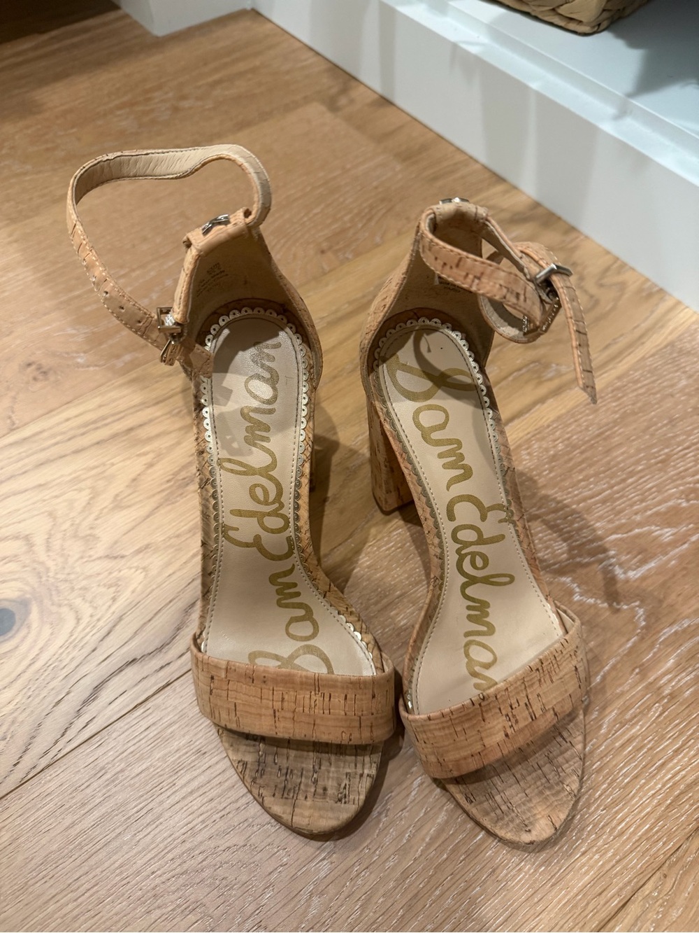 Sam Edelman Cork Ankle-Strap Block Heels in Natural Tan